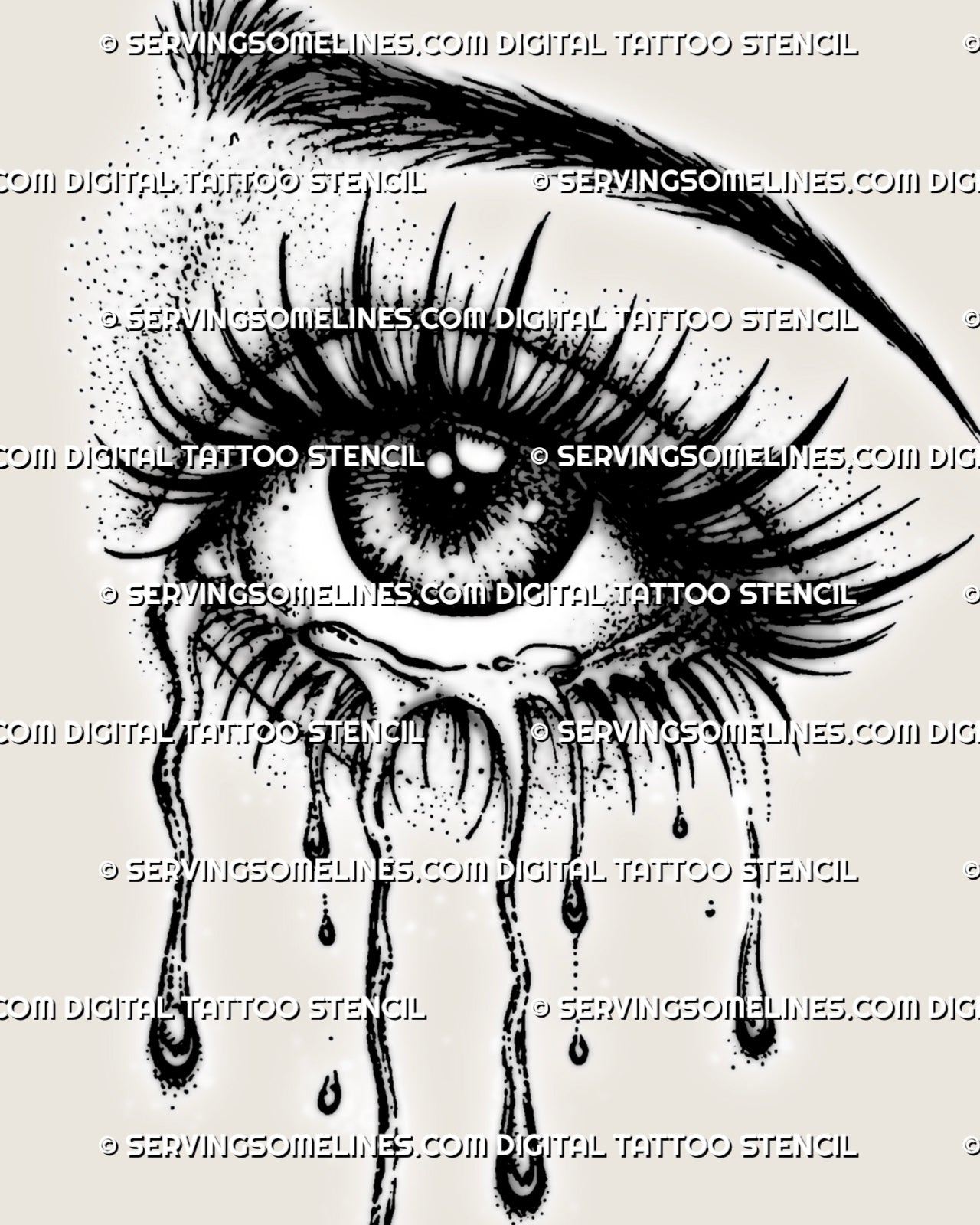 Teary eye tattoo design close-up with glossy pupil highlights, heavy lashes, dotted shading, sharp brow, and long tear drops.