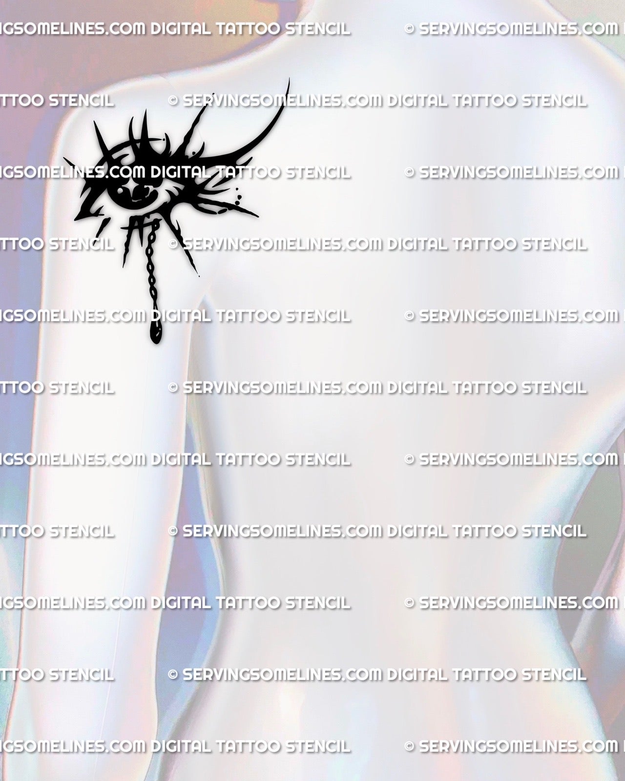 Back shoulder and arm tattoo example featuring crying eye third eye stencil with dark tribal details and gothic neotribal inspiration.