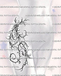 Thorn vine hip and thigh tattoo stencil shown on female hip placement, with spiky vine linework and sharp botanical flow