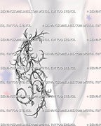 Thorn vine hip and thigh tattoo stencil shown on female hip placement, with spiky vine linework and sharp botanical flow