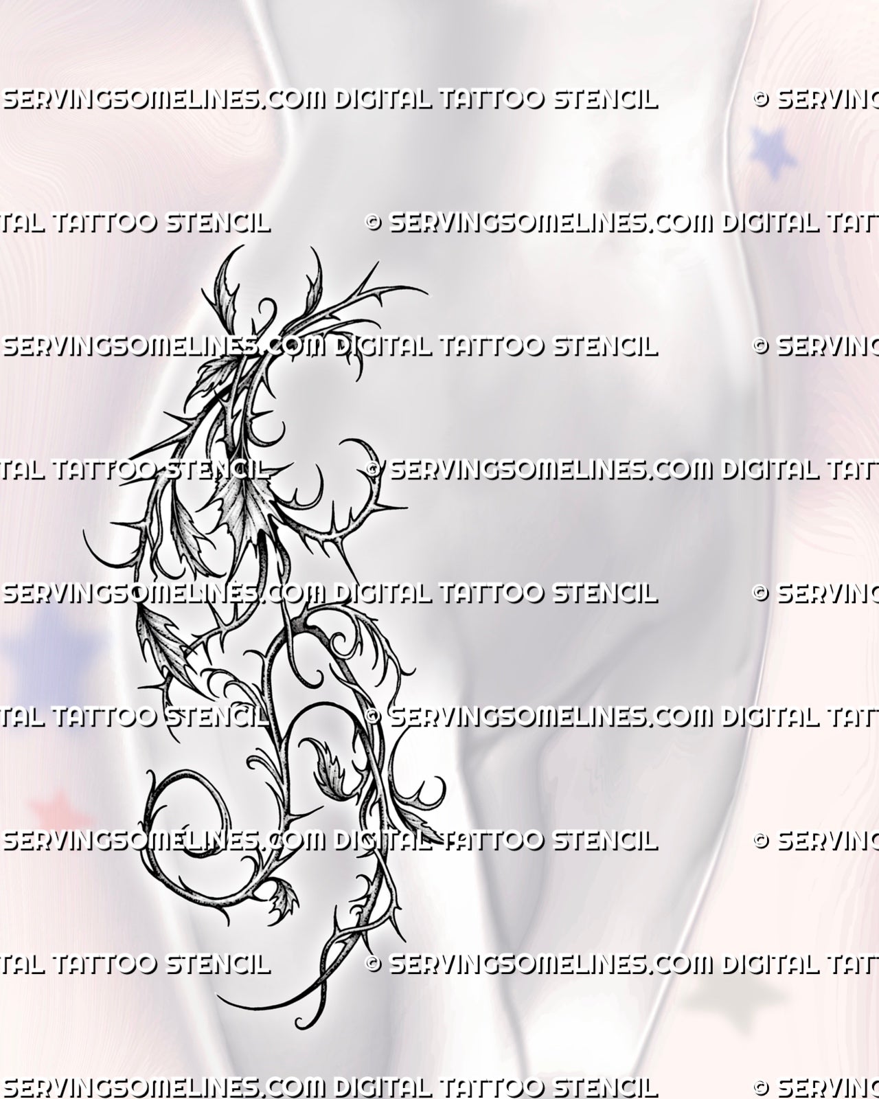 Thorn vine hip and thigh tattoo stencil shown on female hip placement, with spiky vine linework and sharp botanical flow
