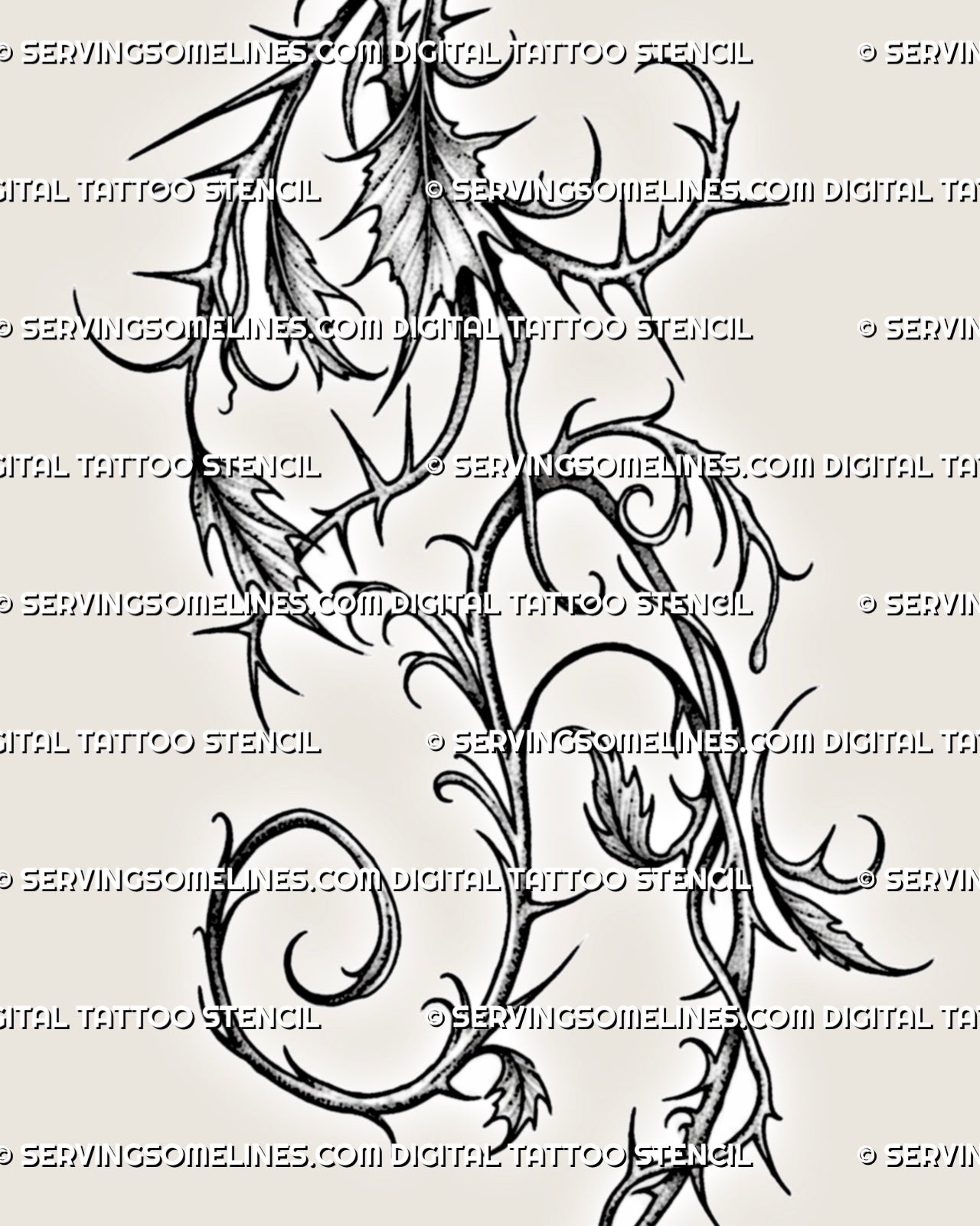 Thorn vine hip and thigh tattoo stencil with spiky botanical vine shape, pointed leaves, clean black linework, and printable design file
