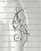 Thorn vine tattoo stencil shown on women’s front side thigh, with thorned vine detail, spiky leaves, and clean stencil flow 
