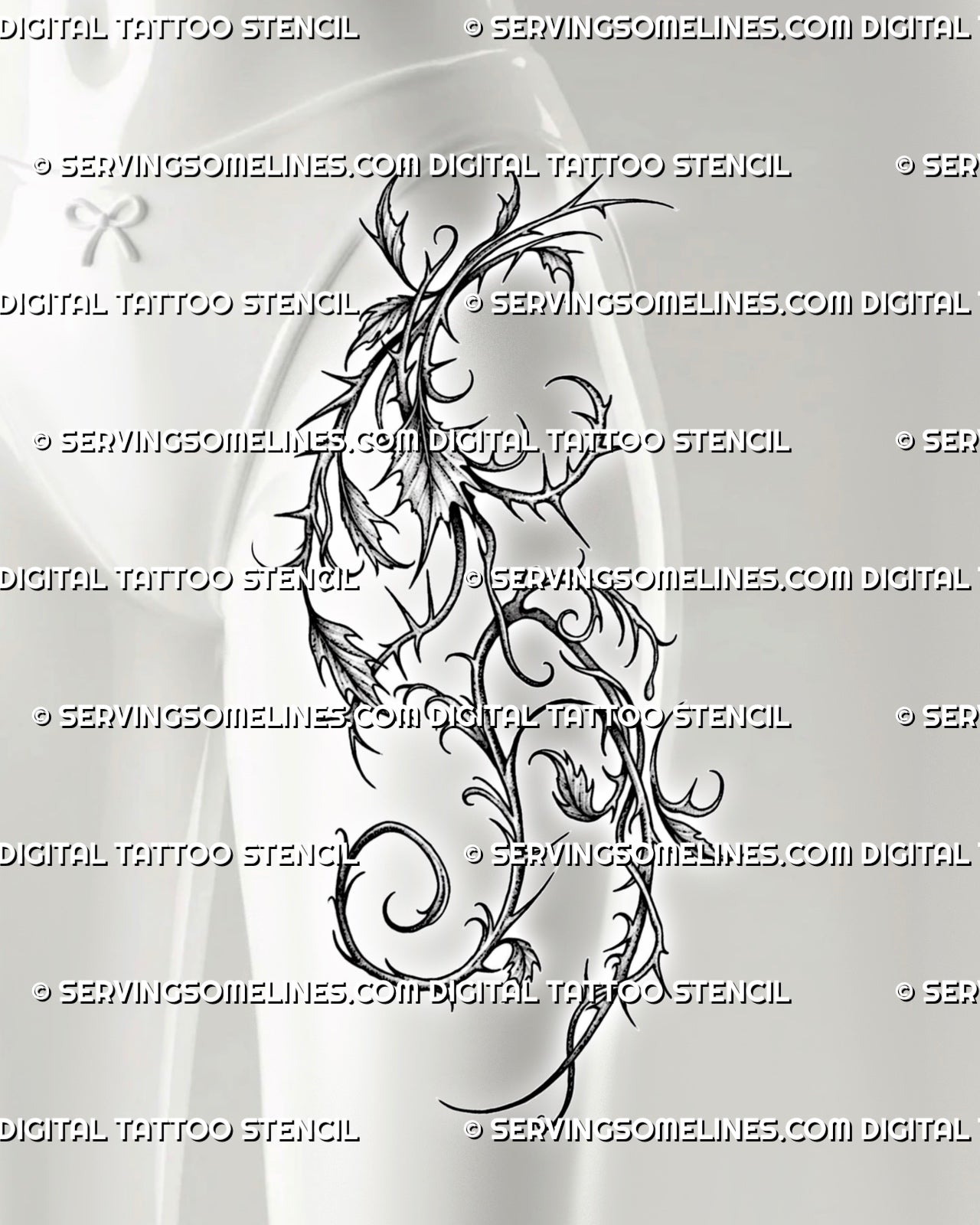 Thorn vine tattoo stencil shown on women’s front side thigh, with thorned vine detail, spiky leaves, and clean stencil flow 