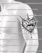 Three sword heart tattoo preview on men’s upper arm, with central eye detail, sharp jagged edges, dotted shading, and dark texture.