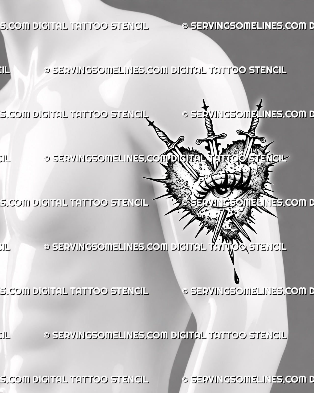 Three sword heart tattoo preview on men’s upper arm, with central eye detail, sharp jagged edges, dotted shading, and dark texture.