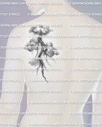 Thunderstorm tattoo stencil displayed on men’s shoulder blade placement, with shaded cloud texture and electric branching lines.