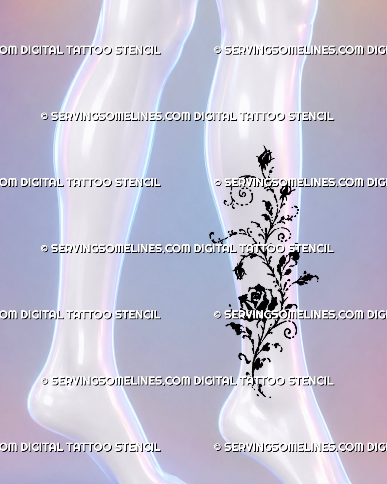 Trailing floral rose tattoo flowing from the ankle toward the calf with climbing rosebuds, curved leaves, spiral tendrils, and hand-drawn botanical ink