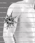 Triangle eye tattoo stencil shown on men’s upper arm, with central eye, cyber sigil rays, pointed texture, and vertical tail.