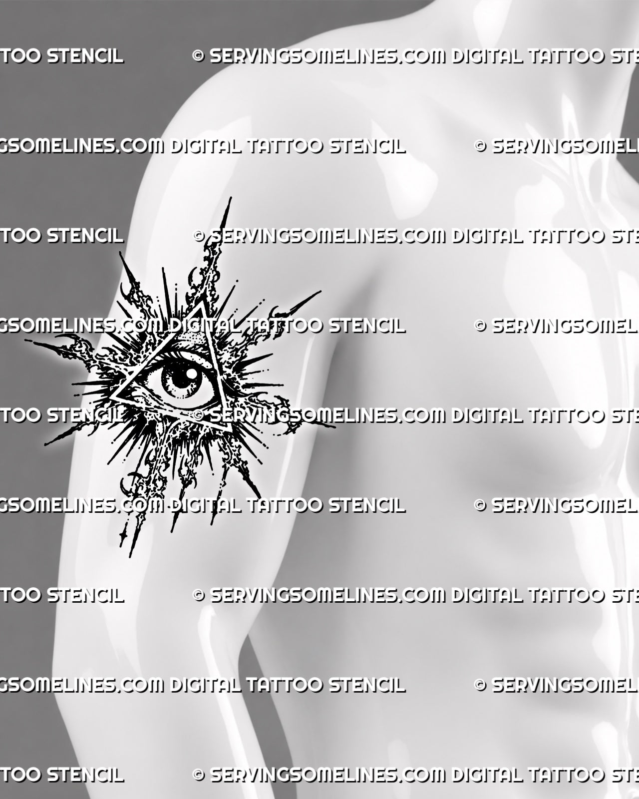 Triangle eye tattoo stencil shown on men’s upper arm, with central eye, cyber sigil rays, pointed texture, and vertical tail.