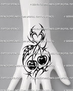 Tribal cherry tattoo stencil shown on the hand with compact twin cherries, crossing stems, curved black ornament, sharp points, and Y2K styling