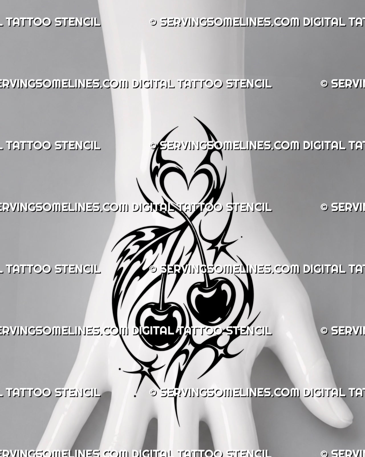 Tribal cherry tattoo stencil shown on the hand with compact twin cherries, crossing stems, curved black ornament, sharp points, and Y2K styling