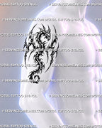 Tribal dragon tattoo shown on a man’s upper arm with raised wings, heavy gothic blackwork, hooked points, neotribal shapes, and dark fantasy styling