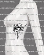 Tribal eye tattoo stencil displayed on women’s ribs, with sharp curved linework, open gaps, dark pupil, and lower chain drop.