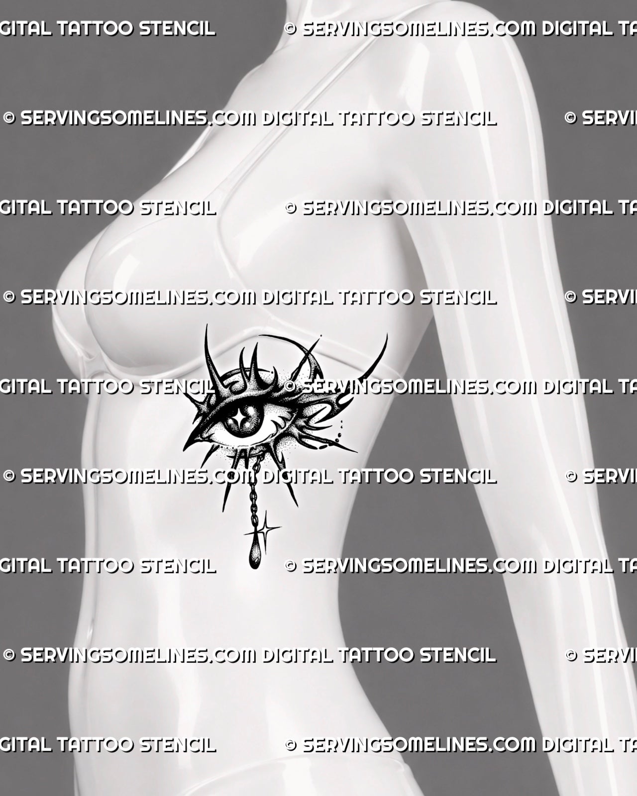 Tribal eye tattoo stencil displayed on women’s ribs, with sharp curved linework, open gaps, dark pupil, and lower chain drop.