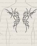 mens upper back tattoo mockup with tribal wings spanning shoulder blades, modern tribal back tattoo style with clean cyber wing structure