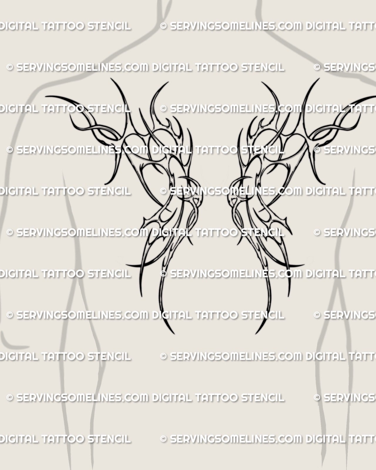 mens upper back tattoo mockup with tribal wings spanning shoulder blades, modern tribal back tattoo style with clean cyber wing structure