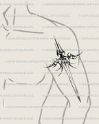 Tribal fantasy weapon tattoo design for the male arm; hybrid sword-dagger silhouette, confident geometry for daily visibility, versatile for forearm or upper arm.