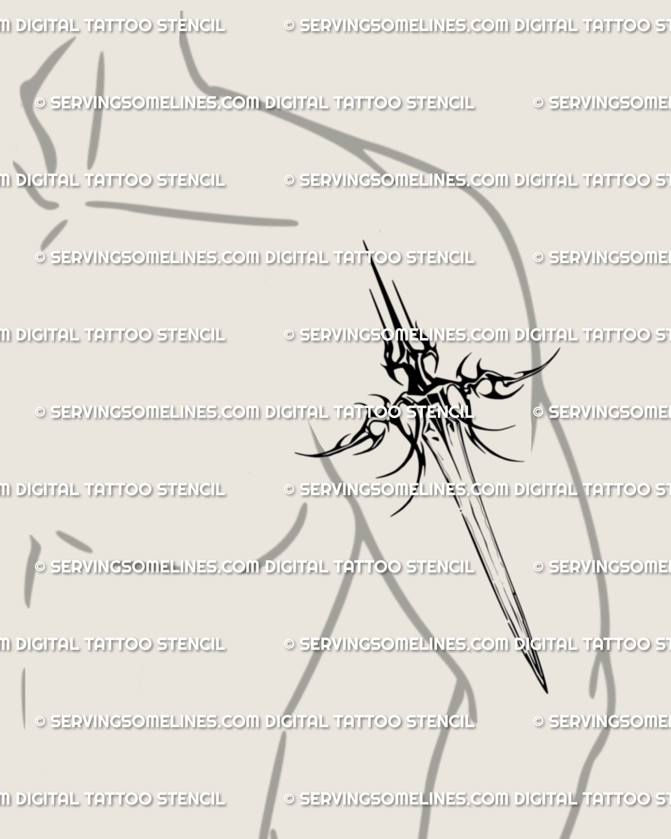 Tribal fantasy weapon tattoo design for the male arm; hybrid sword-dagger silhouette, confident geometry for daily visibility, versatile for forearm or upper arm.