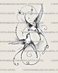 Two swallows tattoo stencil with flying birds, spread feathered wings, long forked tails, stars, ornamental curves, and fine stippled shading
