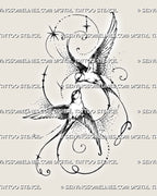 Two swallows tattoo stencil with flying birds, spread feathered wings, long forked tails, stars, ornamental curves, and fine stippled shading