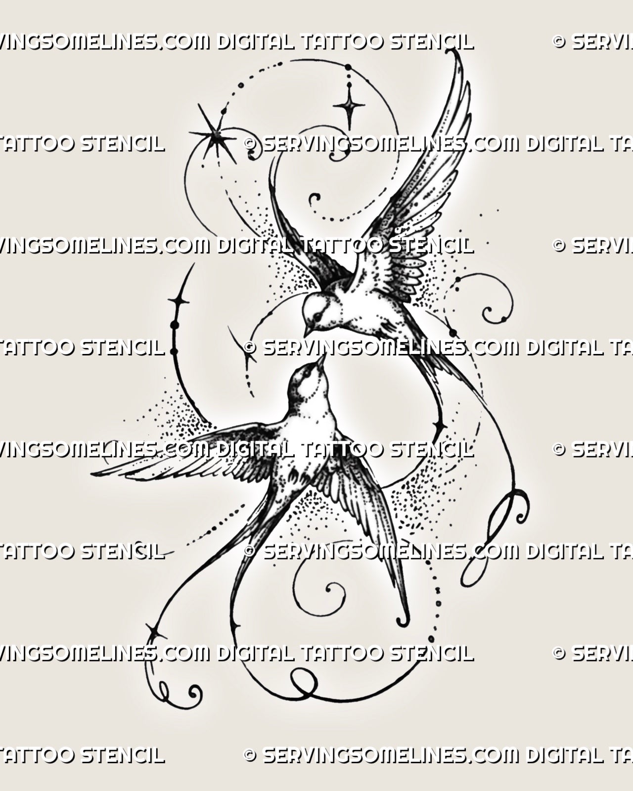 Two swallows tattoo stencil with flying birds, spread feathered wings, long forked tails, stars, ornamental curves, and fine stippled shading