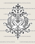 Two swans forming a heart tattoo stencil with mirrored birds, raised feathered wings, pointed stars, baroque scrollwork, and symmetrical ornamental filigree