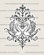 Two swans forming a heart tattoo stencil with mirrored birds, raised feathered wings, pointed stars, baroque scrollwork, and symmetrical ornamental filigree
