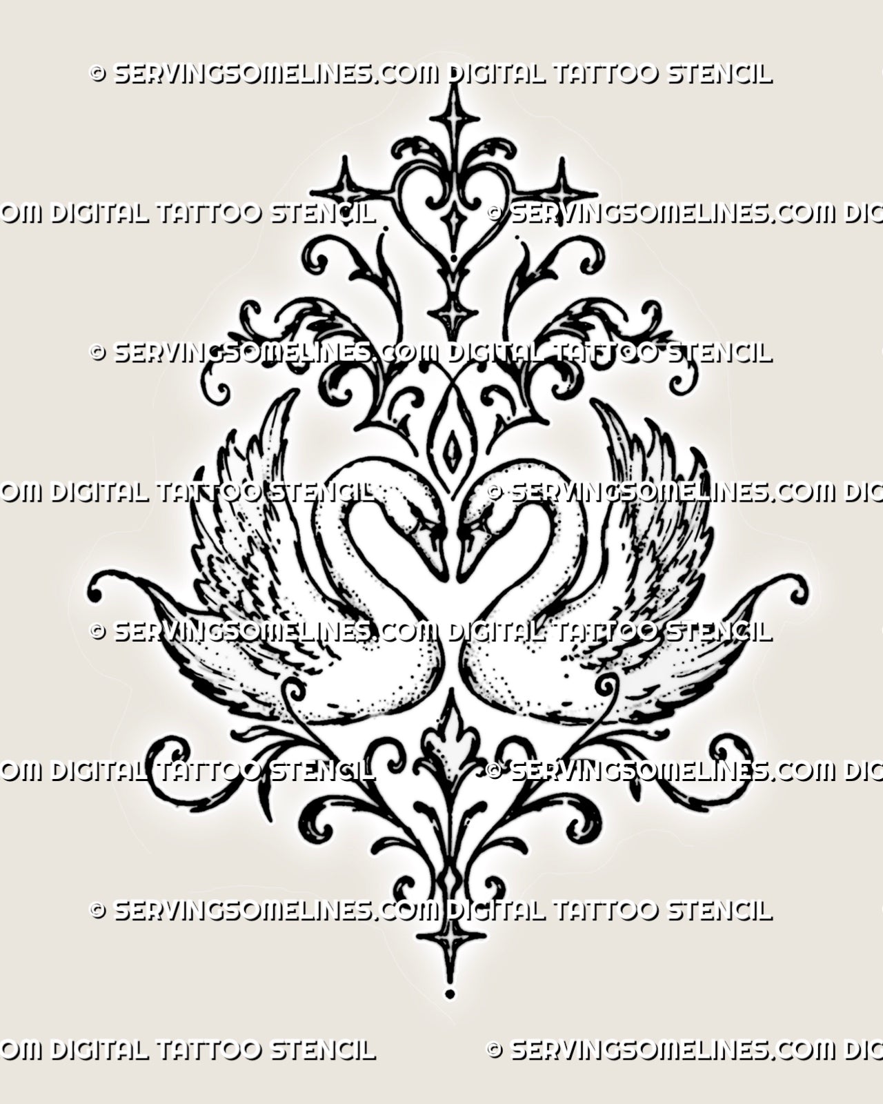 Two swans forming a heart tattoo stencil with mirrored birds, raised feathered wings, pointed stars, baroque scrollwork, and symmetrical ornamental filigree