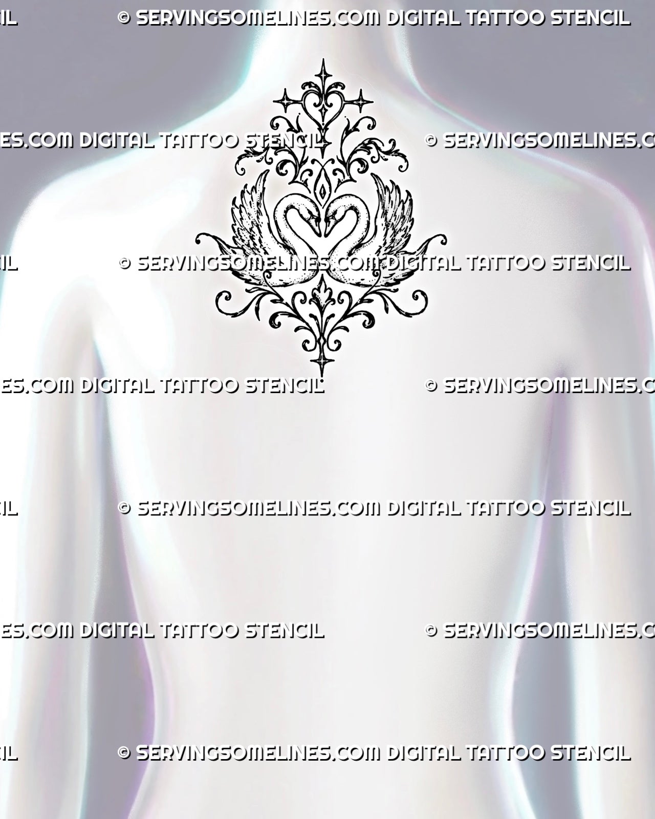 Two swans forming a heart tattoo shown at the upper-back center below the nape with mirrored wings, central heart ornaments, and vertical baroque filigree