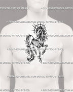 Undead unicorn tattoo stencil shown on men’s chest center with full skeletal body, horned skull, visible ribs and spine, raised legs, flowing mane, and gothic halo detail