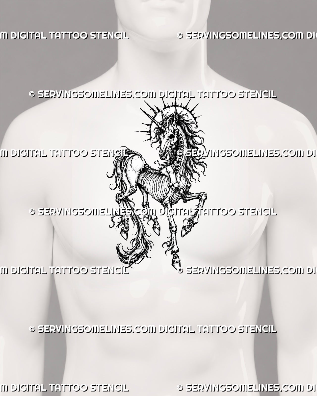 Undead unicorn tattoo stencil shown on men’s chest center with full skeletal body, horned skull, visible ribs and spine, raised legs, flowing mane, and gothic halo detail