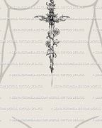rose sword tattoo placed under the bust shown as vertical floral dagger with vines and elegant ornamental handle for women
