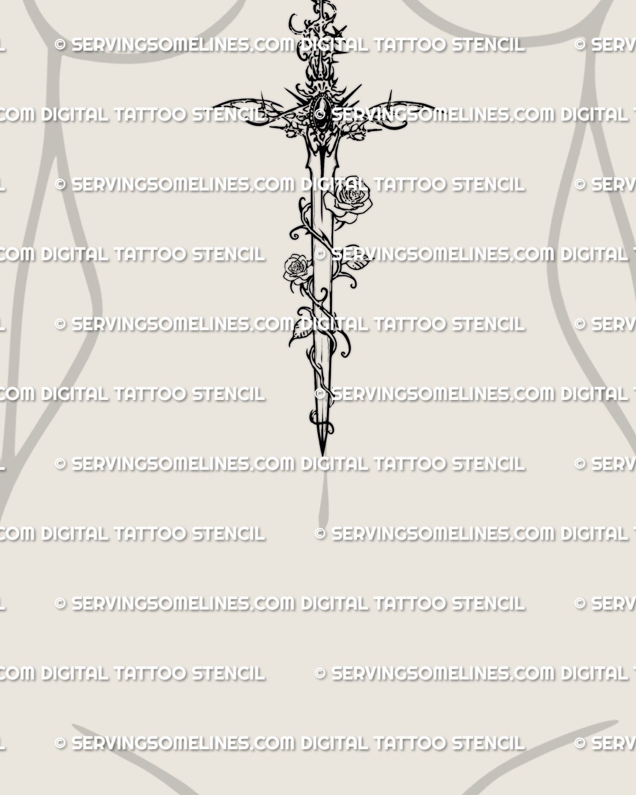 rose sword tattoo placed under the bust shown as vertical floral dagger with vines and elegant ornamental handle for women

