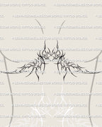 feminine underbust tattoo stencil mockup showing heart and ornamental lines shaped for womens chest center and rib contour flattering placement