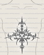 Underbust tattoo stencil shown on womens sternum placement, with sharp cybersigilism lines and readable front-body flow.
