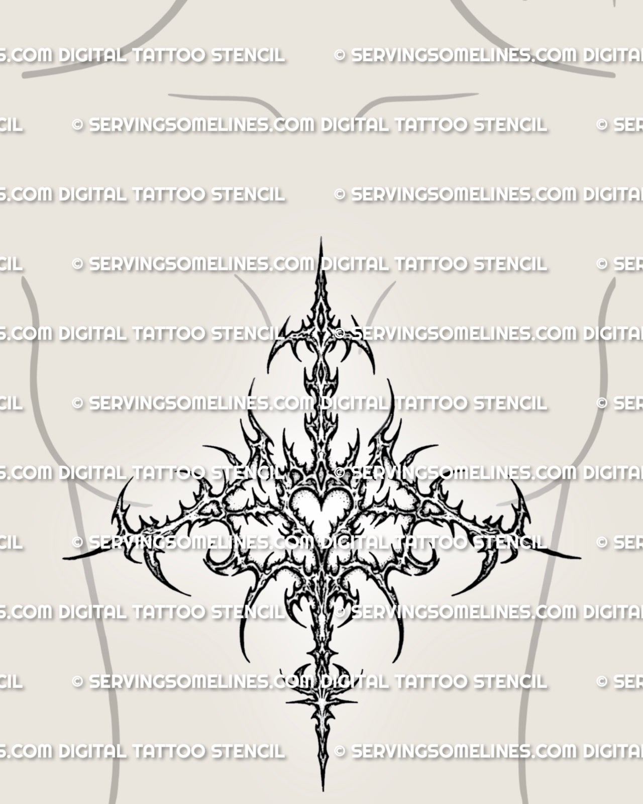 Underbust tattoo stencil shown on womens sternum placement, with sharp cybersigilism lines and readable front-body flow.