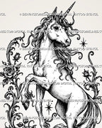 Close view of unicorn flower tattoo stencil showing unicorn face, horn, flowing mane, rose details, floral vines, and ornamental fantasy linework