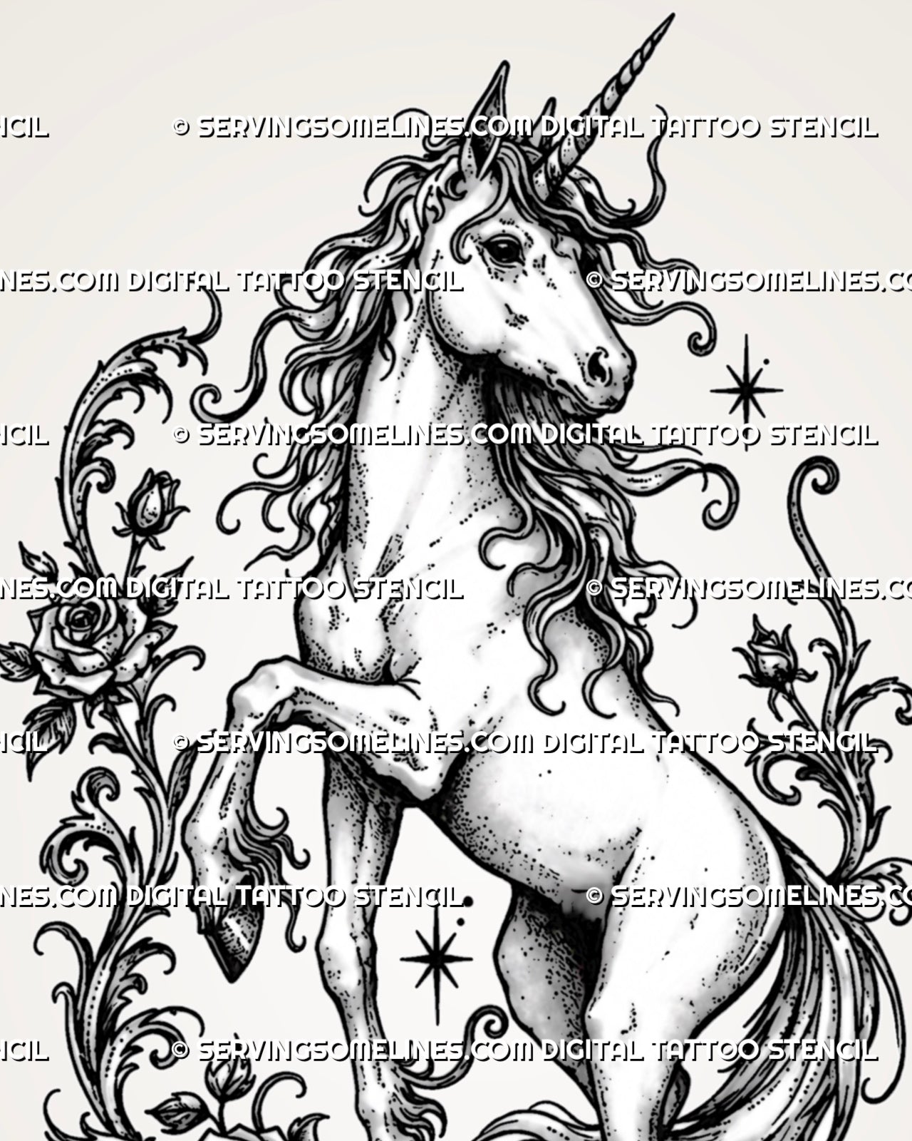 Close view of unicorn flower tattoo stencil showing unicorn face, horn, flowing mane, rose details, floral vines, and ornamental fantasy linework