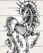 Full-body unicorn skeleton tattoo stencil with spiral horn, exposed spine and rib cage, skeletal hooves, raised prancing pose, flowing hair, and dark halo