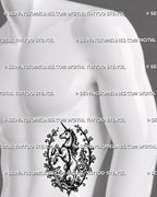 Unicorn sword tattoo stencil shown on men’s side stomach with medieval rearing unicorn, chain detail, vine frame, and mythic fantasy design