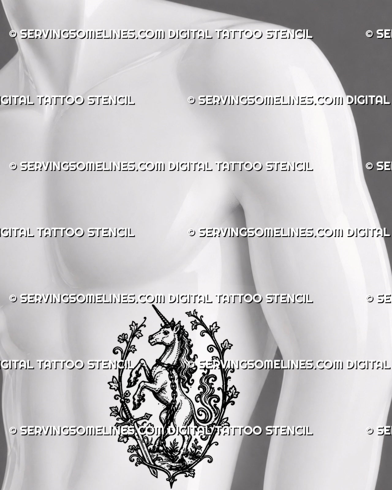 Unicorn sword tattoo stencil shown on men’s side stomach with medieval rearing unicorn, chain detail, vine frame, and mythic fantasy design