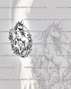 Unicorn tattoo for women shown on forearm with floral unicorn design, roses, flowing mane, lifted legs, and clean fantasy linework