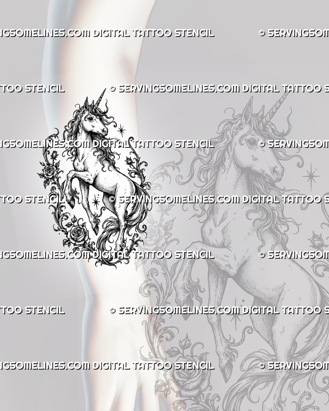 Unicorn tattoo for women shown on forearm with floral unicorn design, roses, flowing mane, lifted legs, and clean fantasy linework