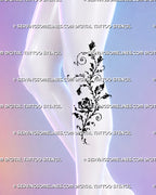 Unique floral tattoo shown at the side of the knee with a rose vine, climbing buds, irregular black ink marks, spiral tendrils, and whimsical botanical flow