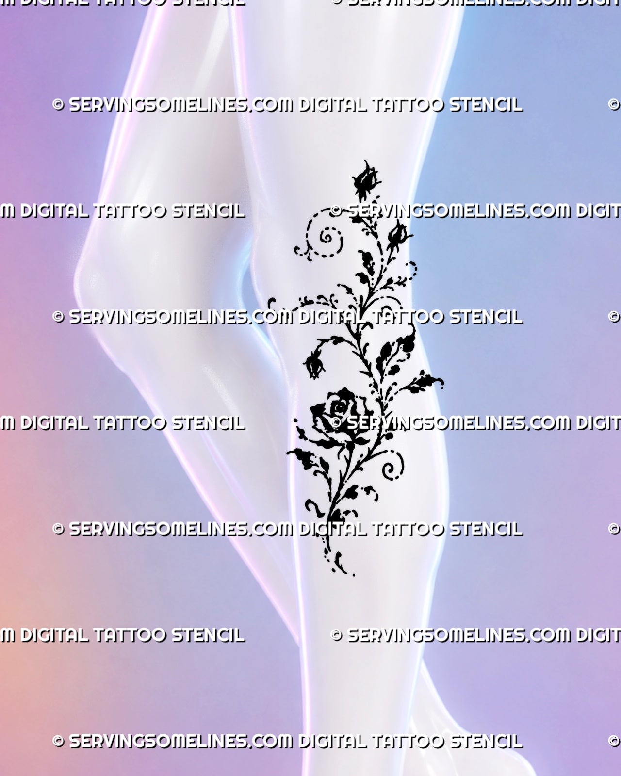 Unique floral tattoo shown at the side of the knee with a rose vine, climbing buds, irregular black ink marks, spiral tendrils, and whimsical botanical flow