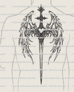 Angel Wings Sword Upper Back Tattoo Stencil