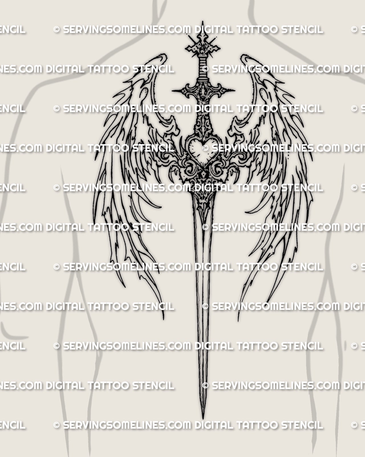 Angel Wings Sword Upper Back Tattoo Stencil
