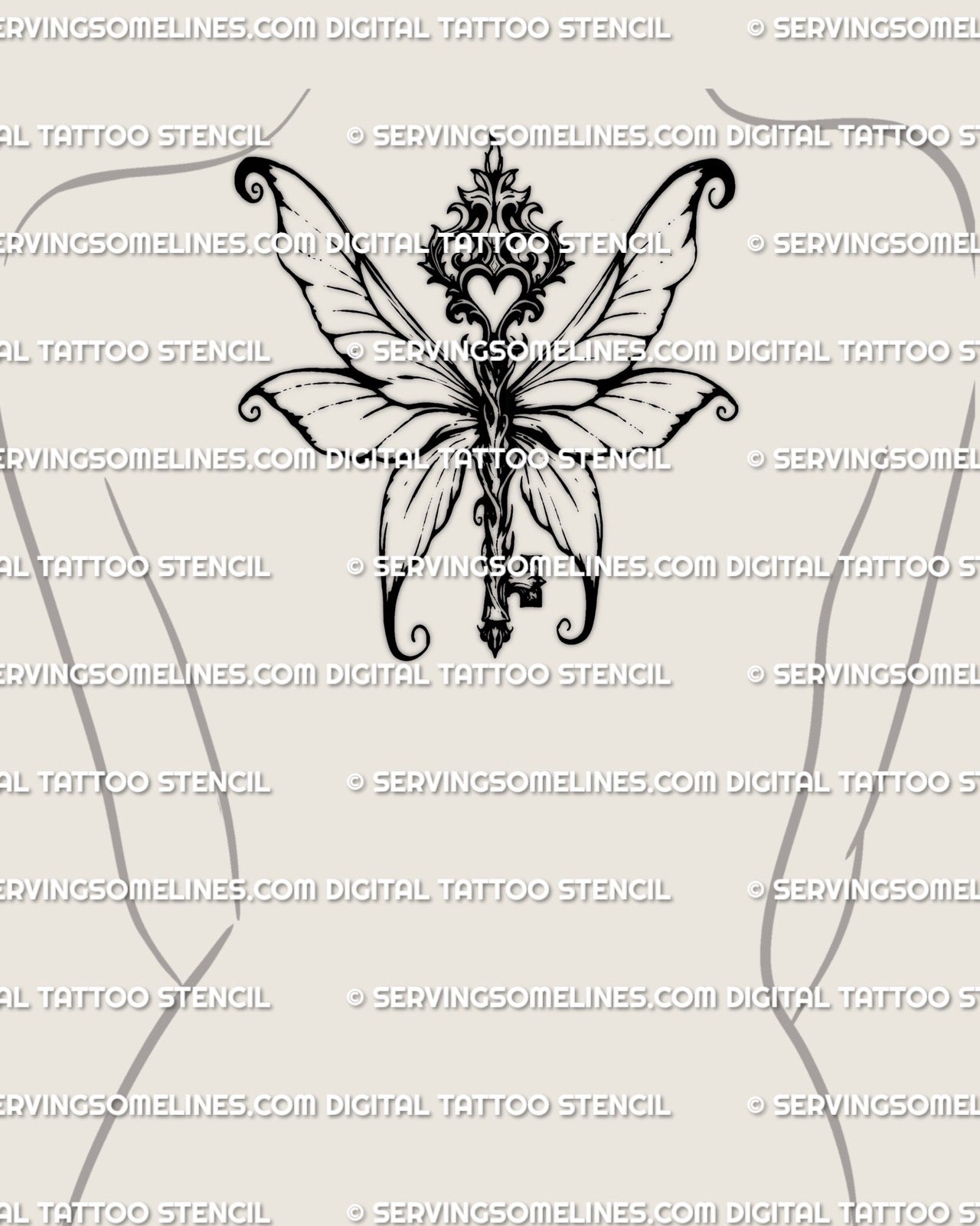 Fairy wings key tattoo stencil displayed on upper back placement example, dark fae artifact key with ethereal wings and heart crest.