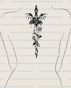 upper back tattoo mockup showing gothic dragon rose sword with winged handle and thorn vines, fantasy dagger centered between shoulders